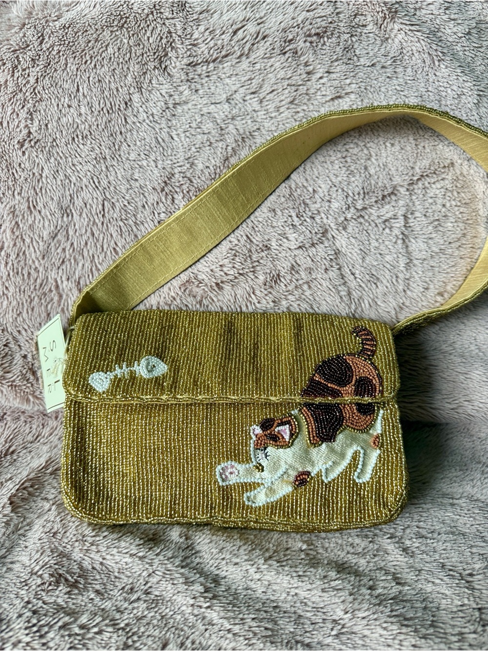 🐈 Viral SOL and Mer Beaded Cat Embroidered Shoulder Bag in Gold
